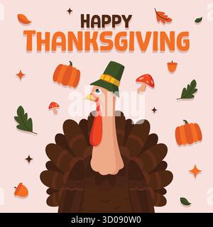 Happy Thanksgiving flaches Design mit einer Illustration eines truthahns mit Pilgermütze und einigen saisonalen Elementen wie Kürbissen, Pilzen und Eicheln. Stock Vektor