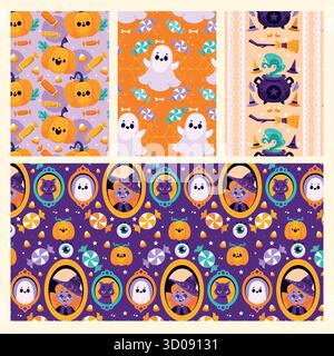 Nahtlose Halloween-Muster mit Geisterkürbissen und Hexen im Cartoon-Stil Stock Vektor