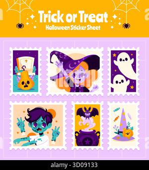 Halloween-Aufkleber mit Geistern, Hexen und Kürbissen im Cartoon-Stil Stock Vektor