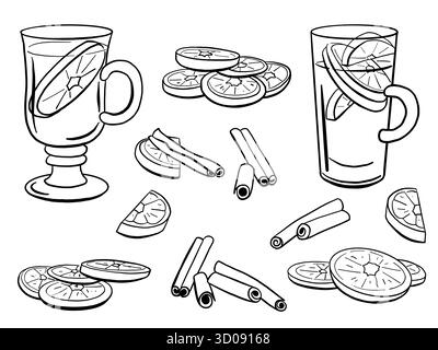 Weihnachtsglühwein, Zitrusscheiben und Zimt. Saisonale Winter-Leckereien, handgezeichnete Doodle Vektor-Illustration. Getränke in Glasgläsern und Mu Stock Vektor