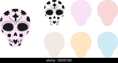Niedliche Sugar Skull-Maske mit Blumen- und Kreuzdekor und mehrfarbigem „Base Day of the Dead“-Design. Isolierte Vektor-Illustration mexikanische Festivals verwandter Inhalt Grüße Themenkarten Banner Etikett Stock Vektor
