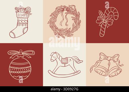 Vintage Handzeichnung Weihnachtsdekoration Set mit Glocken, Kränzen, Strumpf, Zuckerrohr, Spielzeug Vektor Illustration. Kritzeln Sie Neujahrselemente Stock Vektor