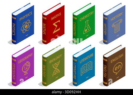 Isometrische Sammlung von bunten Fachbüchern Physik, Mathematik, Chemie, Biologie, Literatur, Geschichte, Geographie und Englisch. Stock Vektor