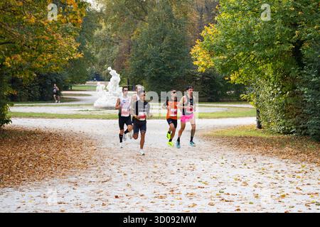Marathonteilnehmer genießen ein Outdoor-Rennerlebnis und fördern Wellness Kraft Gemeinschaft und Motivation umgeben von Herbstlaub Schönheit. Stockfoto