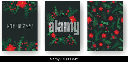 Festliche Postkarten mit Wintermotiven. Happy Holidays, Merry Christmas Text. Grußkartenschablonen mit Eichenblättern, Beeren, Weihnachtsstern, und Stock Vektor