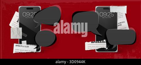 Mobiltelefone mit dunklen Bildschirmen, Sprechblasen und zerrissenen Papierbögen, die mit Klebeband auf tiefrotem Hintergrund verklebt sind. Realistisch zerrissene Zeitungsstücke, Dialogfelder und Smartphone-Mockups. Stock Vektor