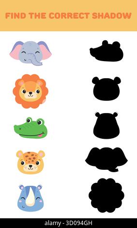 Finden Sie den richtigen Schatten. Niedliche Tiere. Lernspiele für Kinder. Vektorabbildung. Stock Vektor