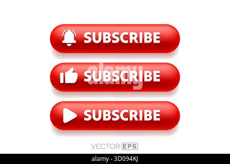 Elegante rote 3D-Kollektion mit abonnierten Tasten. Wichtige Elemente der Web-Benutzeroberfläche mit Wiedergabe-, Like- und Glockensymbolen. Vektorabbildung Stock Vektor