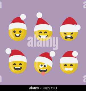 Eine Sammlung von Emoticons für Weihnachten und Neujahr. Setzen Sie das Smiley Emoji Symbol mit einem roten Weihnachtsmütze. Realistische Emotionen in Hochglanzgelb Stock Vektor