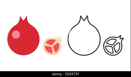 Dieses Kunstwerk enthält eine Reihe von Strichsymbolen, die verschiedene Stile von Granatfrüchten darstellen. Jedes Symbol präsentiert eine einzigartige Interpretation, von einfachen Umrissen bis hin zu ausgefüllten Designs. Stock Vektor