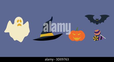 Set von Halloween Dekorationen Fliegende Vampirfledermaus Flügel schwarz, orange oder orange Laterne, geschnitzter lächelnder Kürbis, süße Lutscher Stock Vektor
