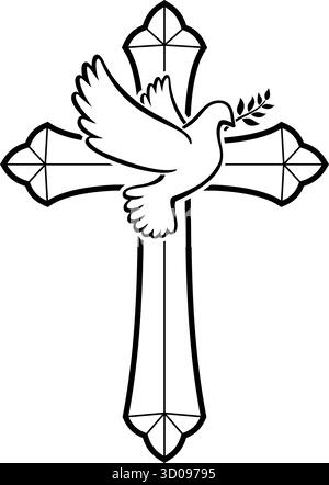 Schöne fliegende weiße Friedentaube Taubenvogel Umriss mit Olivenzweig Silhouette auf christlichem Kreuz Kruzifix Vektor isoliert auf transparentem Hintergrund Stock Vektor