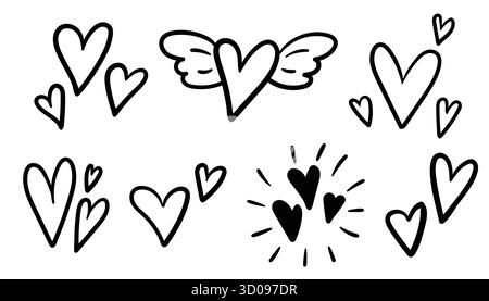 Handgezeichnetes Herzkritzelset. Alles Gute zum Valentinstag. Niedliche Liebesillustration für Karte, Poster, Aufkleber, Sammelalbum, Einladung, Verpackung, Web oder RO Stock Vektor