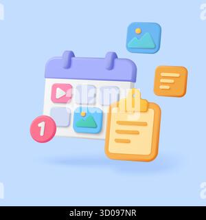 Farbenfroher 3D-Kalender mit Mediensymbolen und Notizen für die Planung von Inhalten und digitales Marketing auf blauem Hintergrund, perfekt für Workflow- und Produktivitätskonzepte Vektorillustration Stock Vektor