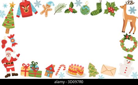 Rechteckiger Weihnachtsrahmen mit Weihnachtsmann, Baum, Zuckerrohr, Schneeflocke und Lebkuchen in flachem Cartoon-Stil. Niedliche festliche Borte für Grußkarte, Stock Vektor