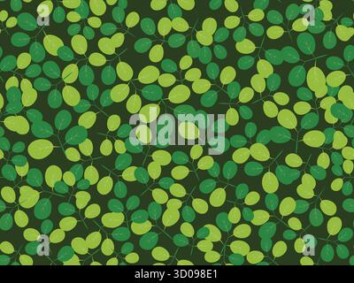 Ein nahtloses Muster aus zarten grünen Erbsenblättern auf dunkelgrünem Hintergrund, geeignet für Tapeten, Textildrucke, Geschenkpapier und andere d Stock Vektor