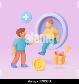 Zwei Personen schütteln die Hände mit Geschenkbox, Münze und Plus-Symbolen, die Empfehlungsprogramm, Partnerschaft und Belohnungssystem in der Vektorillustration des Business-Marketing darstellen Stock Vektor