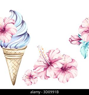 Hintergrundtapete mit nahtlosem Muster und Elementen des Sommerurlaubs mit Eis, tropischen Blumen und festlichen Elementen Stock Vektor
