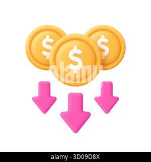 Goldmünzen und rosafarbene Pfeile, die nach unten zeigen. Finanzieller Verlust, Währungsrückgang, Börsenrückgang, Preisrückgang und Konjunkturabschwung. 3D V Stock Vektor