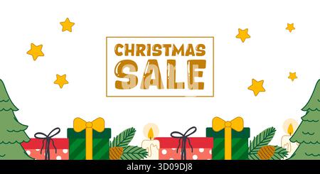 Helles horizontales Banner für Weihnachtsaktionen und Winterverkäufe. Mit festlichen handgezeichneten Elementen wie Tannen, Geschenke, Kerzen und Sternen Stock Vektor