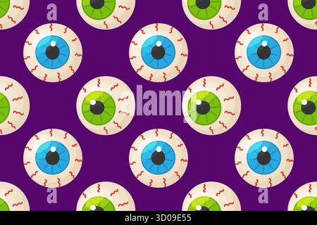Nahtloses Halloween-Muster mit Cartoon-Augäpfeln auf dunkelviolettem Hintergrund. Handgezeichnet flach. Gruseliges und lustiges Design, ideal für Geschenkpapier, Textilien, Partydekorationen und digitale Projekte Stock Vektor