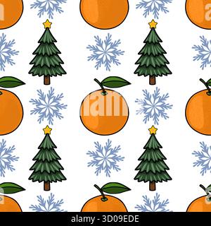 Ein bezauberndes Vektormuster mit festlichen Weihnachtsbäumen mit Sternen, saftigen Mandarinen mit Blättern und zarten blauen Schneeflocken, die eine Stock Vektor