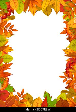 Rahmen für die Herbstsaison festlicher Grußrahmen mit Herbstblättern, Beeren und Zweigen auf dekorativer Borte. Vertikale Thanksgiving Feiertagsgrenze Vektorvorlage mit bunten saisonalen Laub und Beeren Stock Vektor