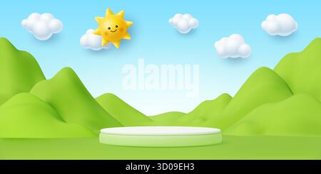 3D-Kinderpodium mit lustiger Sonne und weißen Wolken am blauen Himmel. Runder Sockel mit grünen Bergen und sanften Hügeln. Vektorbanner mit kreisförmiger Produktszene für die Präsentation von Babyprodukten Stock Vektor
