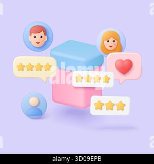 Farbenfrohe 3D-Kundenrezensionen mit Sternen, Benutzeravataren und Herzsymbolen für Feedback, geschäftliche Reputation und Online-Erfahrungsberichte Konzeptvektorillustration Stock Vektor