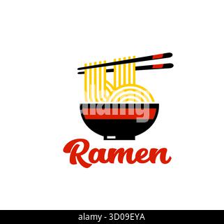 Café mit asiatischer Küche, Ramen-Nudelsymbol oder Abzeichen. Chinesisches Fast Food-Ramen-Schild, asiatische Küche Restaurant Vektor-Emblem. Symbol für japanische Cafés mit Schüssel, Essstäbchen und handgeschriebener Typografie Stock Vektor