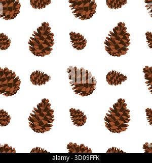 Ein rustikales nahtloses Muster mit zufällig verstreuten braunen Tannenzapfen in verschiedenen Größen auf einem sauberen weißen Hintergrund, perfekt für Urlaubsstoff, Digital p Stock Vektor