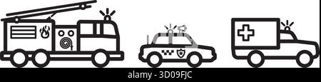 Einfache Rettungsfahrzeug Set Feuerwehr LKW Krankenwagen Polizei Auto schwarze Linie Umriss Silhouette Seitenansicht Symbol Vektor auf transparentem Hintergrund Stock Vektor