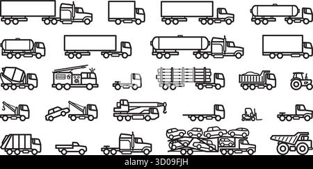 Verschiedene einfache LKW-Umrisslinie Silhouette Setzen Sie Seitenansicht Symbol Vektor auf transparentem Hintergrund Stock Vektor