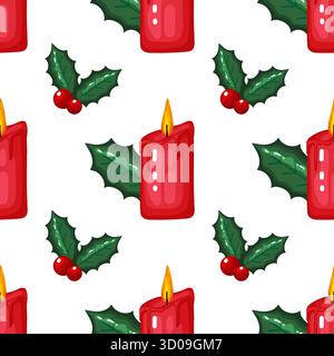 Nahtloses Weihnachtsmuster mit leuchtenden roten Kerzen, umgeben von grünen stechpalmenblättern und hellen Beeren, ideal für Weihnachtskarten und festliche Geschenkkarten Stock Vektor