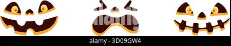 Gruselige Halloween Kürbis Gesichter Set. Verschiedene Ausdrücke. Flacher Cartoon-Style. Helle bunte Vektorillustration perfekt für Halloween, Partydekoration, Aufkleber, Verpackung oder digitales Design Stock Vektor