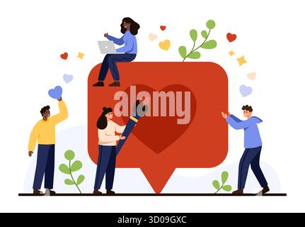 Gruppe von verschiedenen Personen, die mit einem großen roten Symbol, einem Herzsymbol und farbenfrohen dekorativen Elementen interagieren, die Online-Interaktion und Social-Media-Vektor-Illustration darstellen Stock Vektor