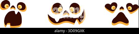 Gruselige Halloween Kürbis Gesichter Set. Verschiedene Ausdrücke. Flacher Cartoon-Style. Helle bunte Vektorillustration perfekt für Halloween, Partydekoration, Aufkleber, Verpackung oder digitales Design Stock Vektor