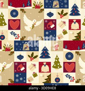Nahtloses Weihnachtsmuster. Geometrische Fliesen für Neujahr mit Feiertagssymbol. Vorlage mit niedlicher friedlicher Taube, Weihnachtsbaum, Strumpf, Ballspielzeug, Sn Stock Vektor