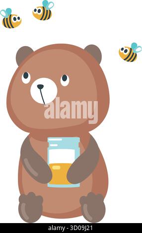 Bär isst Honigcartoon-Vektor. Niedliches Teddytier, das Glasgefäß hält, mit Biene, die um Icon Illustration auf weißem Hintergrund fliegt Stock Vektor