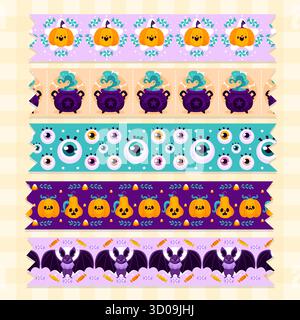 Nahtlose dekorative Halloween-Borten mit Kürbisschlägern und Augen im Cartoon-Stil Stock Vektor