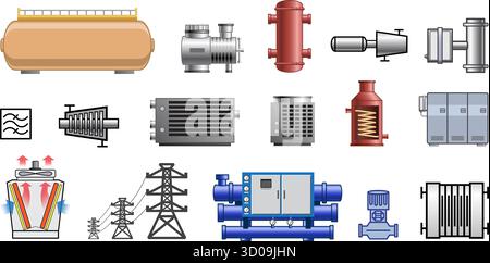 Einfache verschiedene industrielle Fabrikmaschinen setzen Infografiksymbole Symbole für Diagramme Vektor auf transparentem Hintergrund Stock Vektor