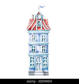 Dreistöckiges blaues Stadthaus mit einer Uhr. Isolierte Aquarellillustration für Innenarchitektur einer Wohnung, gemütliches Restaurant, Broschüren eines Archi Stockfoto
