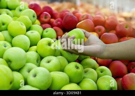 Von Hand einen frischen grünen Apfel aus einem Haufen grüner und roter Äpfel auf einem Markt pflücken. Gesunde Ernährung, Fruchtauswahl und Konzept für frische Produkte. Stockfoto