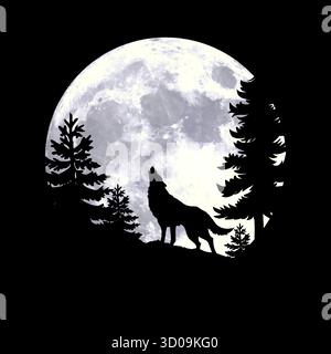 wolfssilhouette durch großen Vollmond in Nachtwald Hintergrund Vektor Illustration Stock Vektor