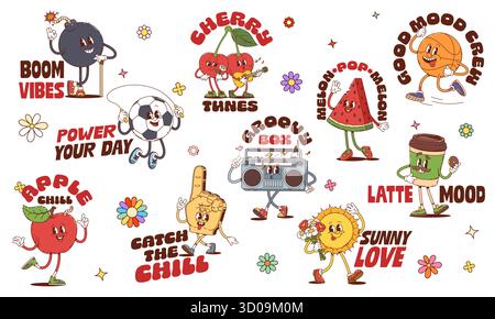 Retro Y2K groovige Aufkleber mit Zeichentrickfiguren und lustigen Emoji, Vektor-Set. Groovige Aufkleber mit abgedrehtem Basketballball und Daumen hoch Emoticon, alberne Kaffeetasse mit Donut und gute Vibes Zitat Stock Vektor