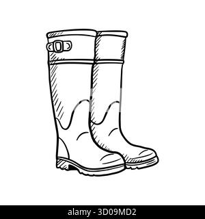 Ein Paar Regenstiefel aus Gummi in einem einfachen, handgezeichneten Stil. Die Stiefel sind für den Einsatz im Freien konzipiert und verfügen über eine Schnalle und eine robuste Sohle. Stock Vektor