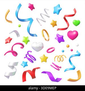 3D-Konfetti-Bänder, Sterne, Herzen, Wirbel und Kreise für Festlichkeiten und Partyveranstaltungen. Helle Vektor-festliche Elemente mit bunten Ringen, Spiralen und Lockenbändern zur Dekoration Stock Vektor