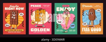 Poster mit groovigen Charakteren mit Retro-Desserts wie Schokoladenriegel, Waffeln, Eiskegel, Eis gepaart mit motivierenden Phrasen und positiven Affirmationen, die Freude und Selbstsucht fördern Stock Vektor