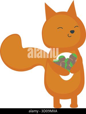 Eichhörnchen-Vektor. Niedliche Waldtier-Zeichentrickfigur Illustration. Chipmunk mit Herbstnüssen Ernte-Symbol isoliert auf weißem Hintergrund Stock Vektor