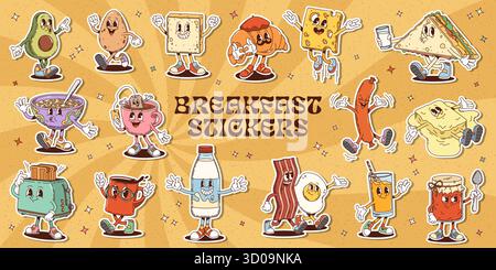 Retro-Zeichentrickfilm groovige Frühstücksfiguren Aufkleber Pack. Psychedelische Vintage-Lebensmittel- und Getränkefiguren. Lustige, groovige Frühstücksgerichte, Käse-Toast, Spiegeleier und Speck, Kaffee, Croissant, Müsli Stock Vektor